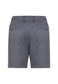Shorts en tissu gris avec un motif texturé, dotés de deux poches arrière et d'une taille plate. Conçus dans un style ajusté.