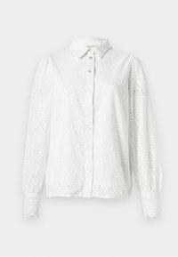 Vit långärmad blus med knappar, detaljrik ögonbrodering, spetsig krage, puffärmar och scallopade manschetter.