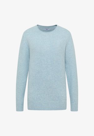 Light blue knitted sweater with a round neckline, long sleeves, and ribbed cuffs and hem. Smooth texture with a subtle heathered pattern.