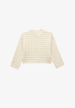 Maglione lavorato a maglia di colore crema con un motivo testurizzato che presenta dei punti aperti. Ha un colletto rotondo e maniche lunghe, con una vestibilità corta.