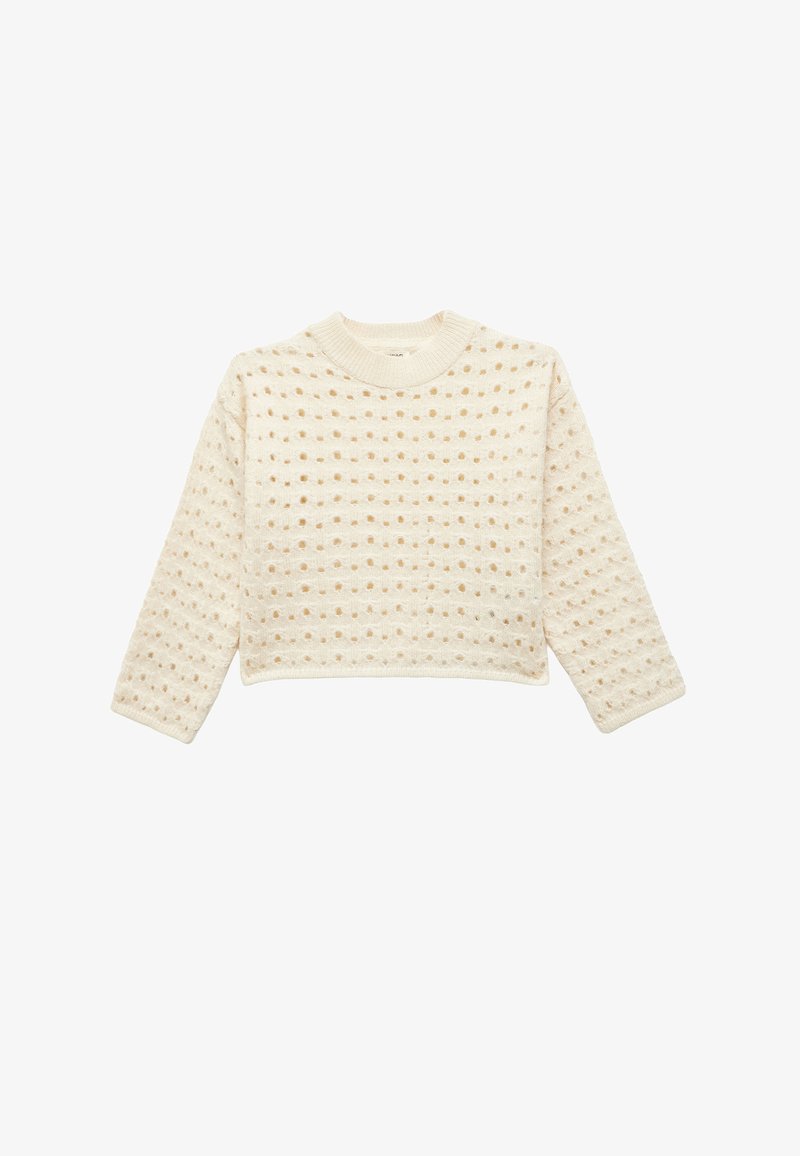 Pull en tricot couleur crème avec un design texturé présentant des points ouverts. Il a un col rond et de longues manches, avec une coupe courte.
