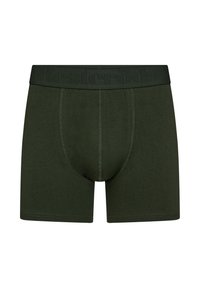Mørkegrønne boxer shorts lavet af et blødt materiale, med en mærket livrem, flade sømme og en formsyet pung.