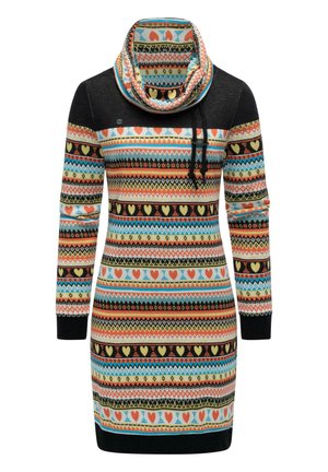 Abito maglia con collo a pipistrello, motivo geometrico multicolore con cuori, maniche lunghe e orlo e polsini neri.