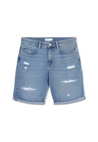 Shorts in denim azzurro chiaro con orli arrotolati, dettagli scuciti, chiusura con bottone frontale, zip e design a cinque tasche.