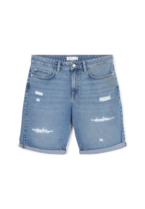 Hellblaue Denim-Shorts mit umgeschlagenem Saum, distressed Details, vorderer Knopf-, Reißverschlussverschluss und Fünf-Taschen-Design.