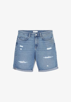 Hellblaue Denim-Shorts mit umgeschlagenem Saum, distressed Details, vorderer Knopf-, Reißverschlussverschluss und Fünf-Taschen-Design.