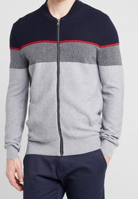 Stickad tröja med marinblå krage, dragkedja framtill och horisontella ränder i grått och svart med en röd accent. Ribbad mudd och nederkant.