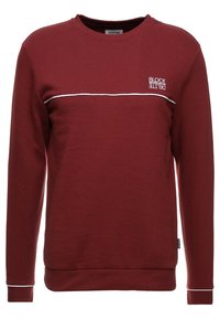 Sudadera burdeos de mezcla de algodón, con mangas largas, cuello redondo, raya horizontal blanca y gráfico de texto "BLOCK".