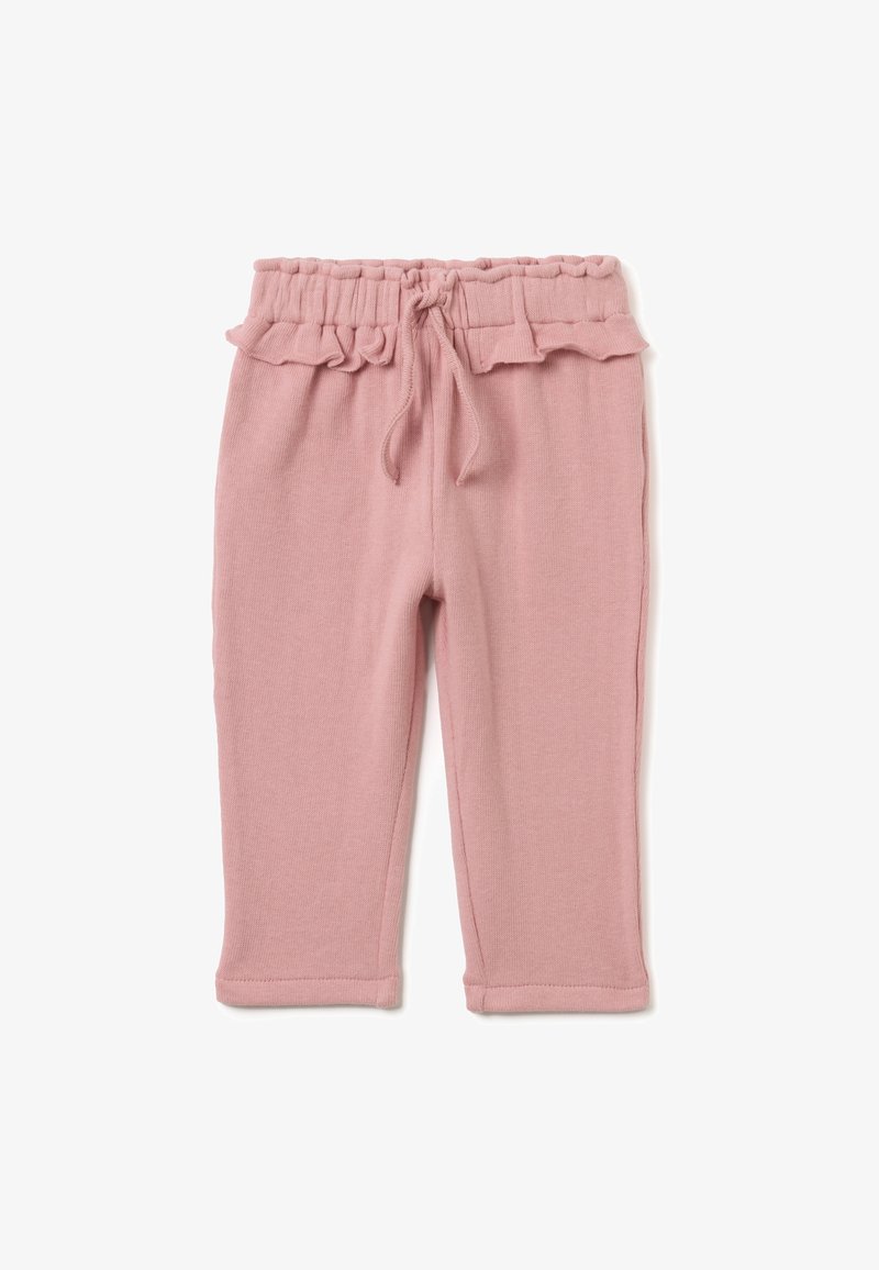 Leggings de mezcla de algodón rosa con cintura fruncida y borde con volantes. La tela tiene una textura suave y se ajusta perfectamente en los tobillos.