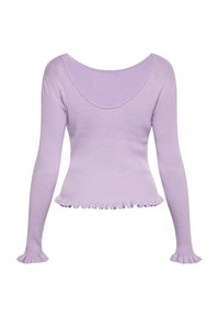 Maglione ribbed lavanda con scollatura sul retro, maniche lunghe e orlo e polsini arricciati. Realizzato in morbido materiale a maglia elasticizzata.