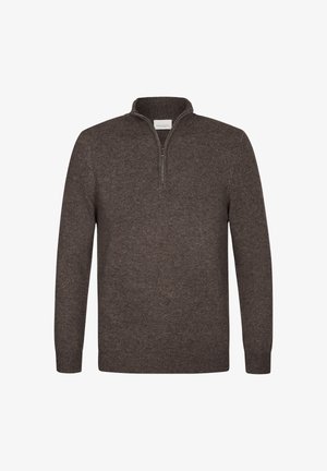 Maglione marrone a maglia con collo alto con zip, caratterizzato da polsini e bordo a costine, tessuto testurizzato e una vestibilità classica.