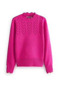 Bright pink knitted sweater with heart-shaped openwork pattern on chest and sleeves, ribbed cuffs and hem, and scalloped neckline.