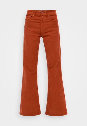 Rust-colored corduroy flared pants with a high waist, five pockets, and a front button closure. Soft texture and visible corduroy pattern.