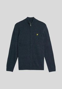 Cardigan zip-up di un blu navy scuro con colletto alto, realizzato in un tessuto morbido. Presenta un piccolo logo giallo sul petto sinistro.