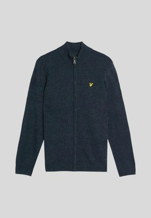 Dunkelblaues Zip-Up-Cardigan mit hohem Kragen, aus weichem Material gefertigt. Mit kleinem gelben Logo auf der linken Brust.