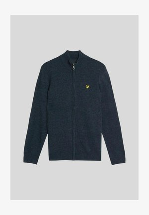 Cardigan zippé bleu marine foncé avec un col haut, fabriqué à partir d'un tissu doux. Présente un petit logo jaune sur la poitrine gauche.