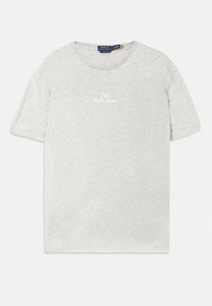 Light gray t-shirt made of soft cotton. Features a round neckline and short sleeves. Subtle embroidered logo at the center.