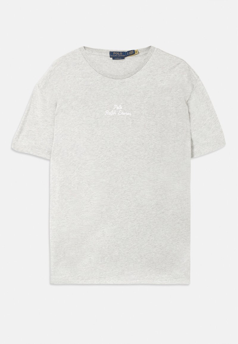 T-shirt gris clair en coton doux. Doté d'un col rond et de manches courtes. Logo brodé subtil au centre.