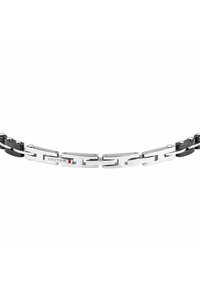 Bracciale in metallo argentato e nero con maglie intrecciate, caratterizzato da un design rettangolare e dal logo "SECTOR" in rosso su una sezione lucida.
