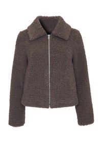 Brun, fuzzy jakke med krave, fuld frontlynlås og lange ærmer. Lavet af blødt, struktureret stof.