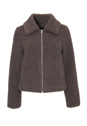 Giacca marrone, pelosa, con collo a camicia, zip frontale completa e maniche lunghe. Realizzata in tessuto morbido e textured.