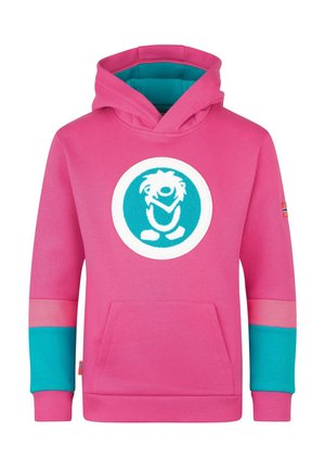 Pink hooded sweatshirt with teal cuffs, a kangaroo pocket, and a white and teal circular logo on the chest.