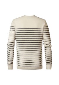 Cream sweater with navy horizontal stripes, crew neck, fitted sleeves, and ribbed cuffs and hem; soft texture and classic knit design.
