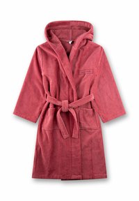 Hooded badjas van zachte, gestructureerde badstof, in een diepe rozenkleur. Voorzien van een strikceintuur aan de voorkant en twee voorzakken. Label met de tekst "less is more" aanwezig.