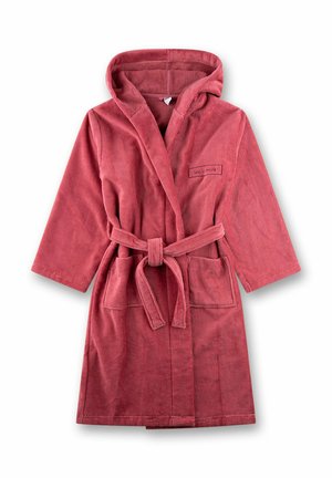 Kapuziger Bademantel aus weichem, strukturiertem Frottee in einem satten Rosaton, mit vornem Bindegürtel und zwei vorderen Taschen. Mit "Weniger ist mehr"-Label.