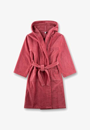 Kapuziger Bademantel aus weichem, strukturiertem Frottee in einem satten Rosaton, mit vornem Bindegürtel und zwei vorderen Taschen. Mit "Weniger ist mehr"-Label.
