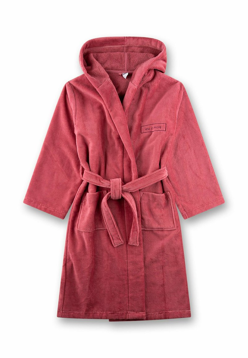 Hooded badjas van zachte, gestructureerde badstof, in een diepe rozenkleur. Voorzien van een strikceintuur aan de voorkant en twee voorzakken. Label met de tekst "less is more" aanwezig.