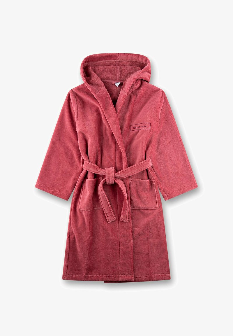 Hooded badjas van zachte, gestructureerde badstof, in een diepe rozenkleur. Voorzien van een strikceintuur aan de voorkant en twee voorzakken. Label met de tekst "less is more" aanwezig.