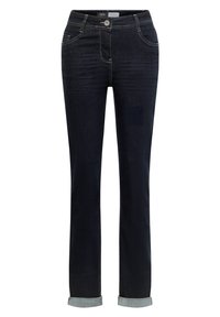 Donkerblauwe denim jeans met een recht afgesneden ontwerp, voorzien van voorzakken, een knoopsluiting en opgerolde manchetten.