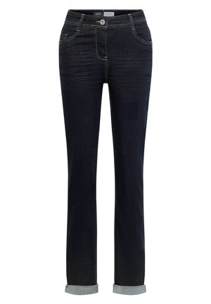 Jean en denim bleu foncé avec une coupe droite, présentant des poches avant, une fermeture à bouton et des ourlets retroussés.