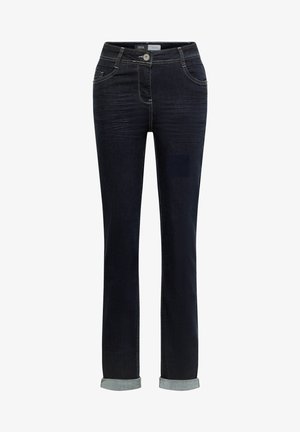 Jeans de mezclilla azul oscuro con diseño de pierna recta, que cuentan con bolsillos delanteros, cierre de botón y puños doblados.