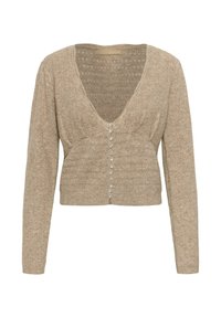 Béžový pletený kardigán s hlbokým výstrihom do V, dlhými rukávmi a predným zapínaním na gombíky, ktoré sú ozdobené perlovo vyzerajúcimi gombíkmi. Textúrovaná tkanina.