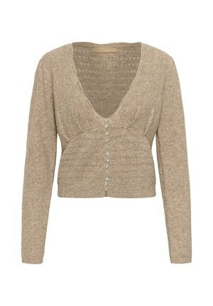 Beige kudumine kaanega kardigan, millel on sügav V-kaelus, pikad varrukad ja esine nupuga kinnis, millel on dekoratiivsed pärlilaadsed nupud. Tekstureeritud kangas.