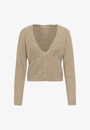 Beige gestrickte Strickjacke mit tiefem V-Ausschnitt, langen Ärmeln und einer vorderen Knopföffnung, die mit dekorativen perlenähnlichen Knöpfen versehen ist. Texturierter Stoff.