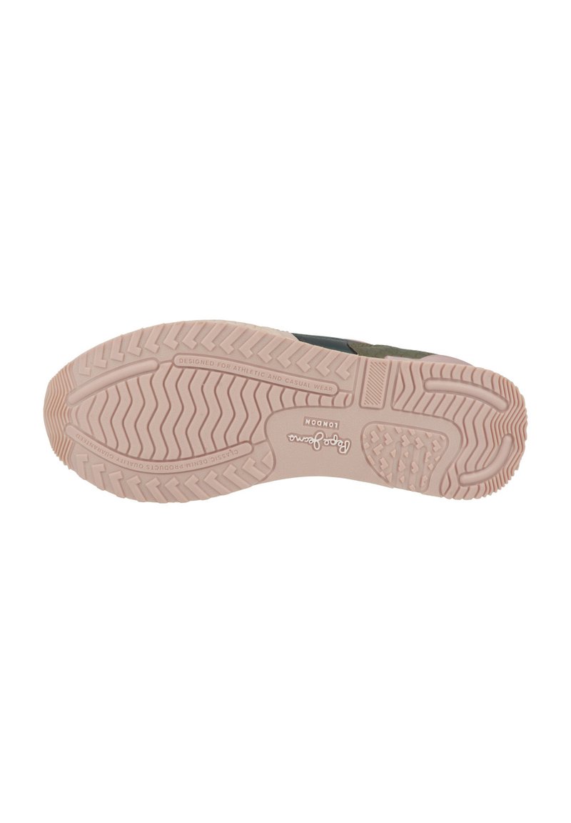 Suela de zapatilla deportiva con una suela exterior de goma texturizada en color rosa claro. Presenta surcos profundos para mayor agarre y detalles del logo de la marca en relieve.