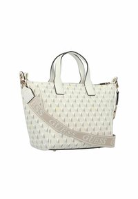 Borsa bianca con motivo geometrico, rifiniture nere, doppio manico e tracolla staccabile con il nome del marchio in beige. Accenti in metallo argento.