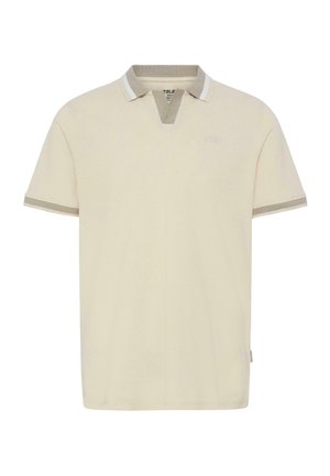 Beige poloshirt med korte ærmer og grå kant på krave og ærmer, med en notch-krave og et diskret logo på brystet.