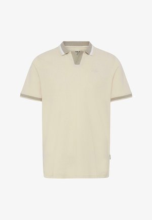 Bézs rövid ujjú galléros póló szürke szegéllyel a galléron és az ujjakon, enyhén bemetszett gallérral és finom logóval a mellrészen.