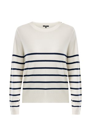 Pull en maille crème avec rayures horizontales bleu marine, col rond et manches longues. Comprend des poignets et un ourlet côtelés avec détail de boutons sur le côté.