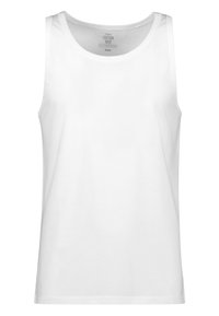 Weißes Baumwoll-Tanktop mit rundem Ausschnitt und weiten Armausschnitten. Glatte Textur mit geradem Saum und ohne sichtbare Muster oder Akzente.