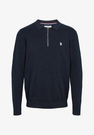 Sötétkék pulóver hosszú ujjakkal, polo gallérral és cipzáras záródással. Kicsi fehér logó található a mellrészen, valamint bordázott mandzsetták és alj.