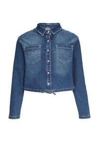 Kurz geschnittene Jeansjacke in Blau mit einer Knopfleiste, zwei Brusttaschen und einem Kordelzug am Saum. Klassischer Kragen und lange Ärmel.