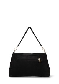 Borsa in suede nera con chiusura superiore a zip e una sola tracolla. Presenta una tasca frontale con zip e una superficie liscia.