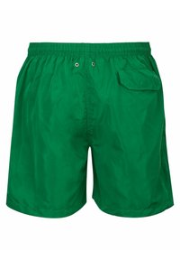 Groene zwemshorts van lichtgewicht materiaal met een elastische tailleband, voorzien van een zijzak en een glad, glanzend oppervlak.