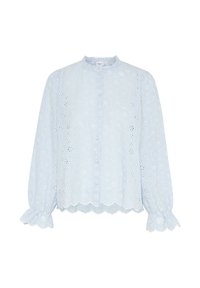 Blusa azzurra chiara con ricami floreali, maniche lunghe, chiusura a bottoni e orlo ondulato. Realizzata in tessuto leggero e traspirante.