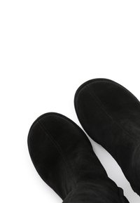 Botines de ante negros con punteras redondeadas, presentan detalles de costura vertical y una textura suave. Posicionados sobre un fondo blanco.